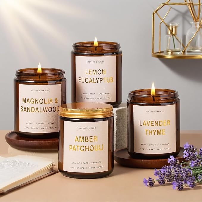 4 Pack Candles for Home Scented, 28oz Soy Candles Non Toxic, 240 Hour Long Lasting Scented Candle, Aromatherapy Candle with Lavender,Magnolia,Amber,Lemon - Candle Set Gifts for Women & Christmas