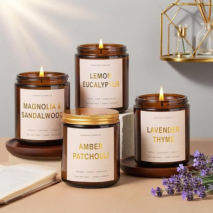 4 Pack Candles for Home Scented, 28oz Soy Candles Non Toxic, 240 Hour Long Lasting Scented Candle, Aromatherapy Candle with Lavender,Magnolia,Amber,Lemon - Candle Set Gifts for Women & Christmas