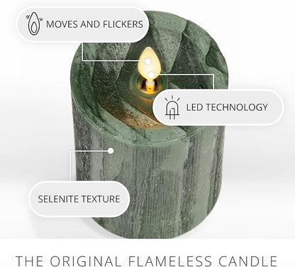 Luminara Selenite Looking Flameless Candle, Holiday Green 3" x 4.5", Battery Operated Real Wax Moving Flame LED Pillar w/Timer, Home Decor Unscented