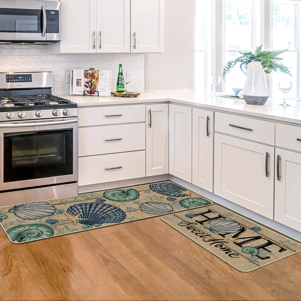 Artoid Mode Blue Conch Starfish Summer Kitchen Mats Set of 2, Seasonal Sweet Home Decor Low-Profile Kitchen Rugs for Floor - 17x29 and 17x47 Inch