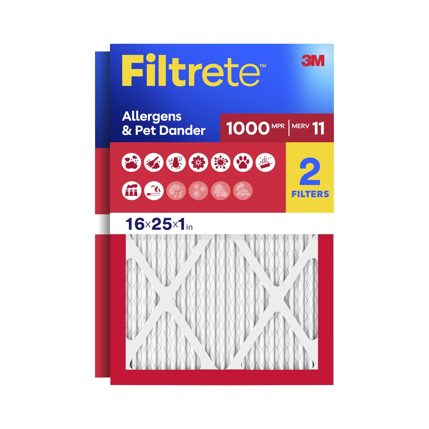 Filtrete 16x25x1 Air Filter, MERV 11, MPR 1000, Allergens & Pet Dander, 3-Month AC and Furnace Filters, Cleaner Air, Reliable Airflow, 2 HVAC Filters (Actual Size 15.68 x 24.68 x 0.81 in)