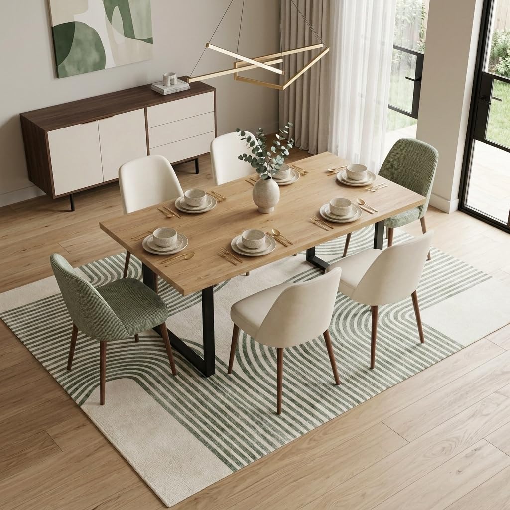 ERYATOU 5x7 Area Rug for Living Room, Green and Beige Modern Geometric Arch Stripe Rug, Machine Washable Non-Slip Low Pile Faux Cashmere Carpet for Bedroom, Dining Room, Home Office