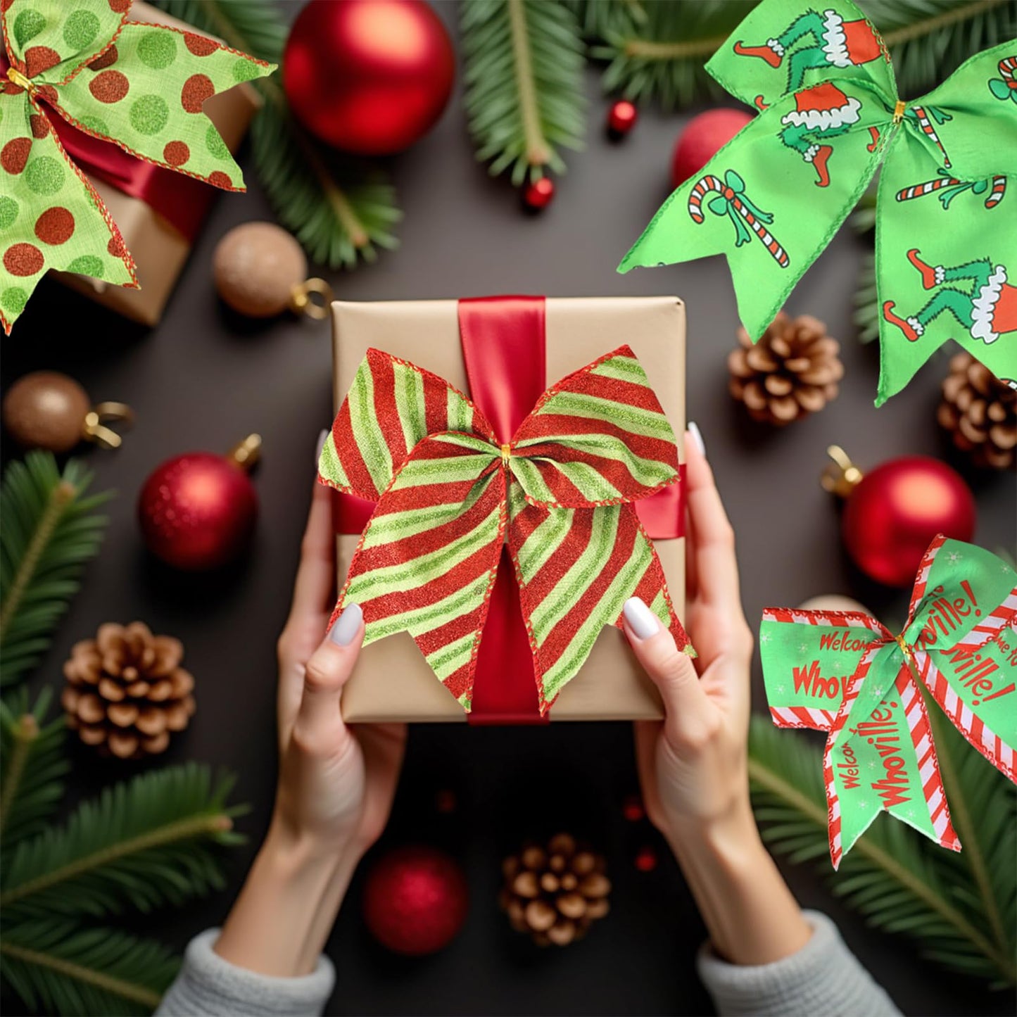 12 PCS Red Green Christmas Wreaths Bows,6 Inch Large for Tree Gift Wrapping Garland,Xmas Decoration Holiday Party Crafts Tree Ribbon Ornaments