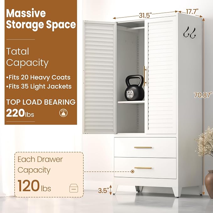 Metal Armoire Wardrobe Closet, 71" Clothing Storage Cabinets with Adjustable Hanging Rod and Shelves , Louvered Doors, 2 Side Hooks & 2 Drawers - Closet Cabinet for Bedroom, Laundry Room, Cloak Room