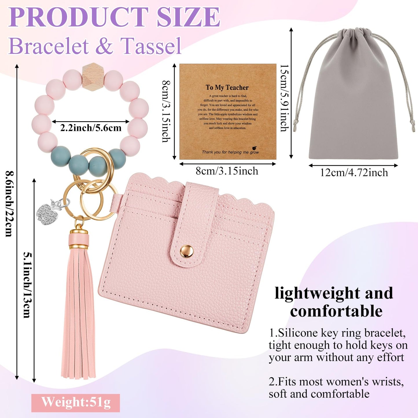 Landical 1/4/6 Set Teacher Appreciation Gift Bulk Wristlet Keychain Bracelet for Women Car Key Chain Thanks Card Giit Bags(Card Holder,Vibrant,4 Sets)