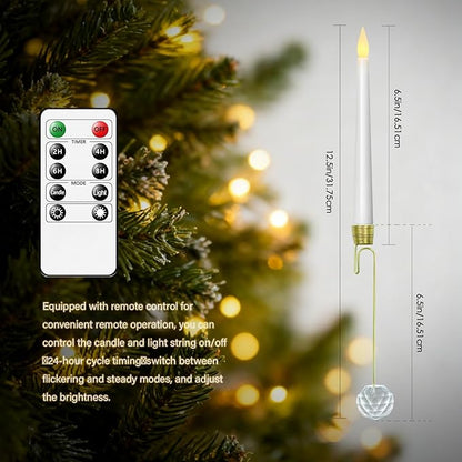 Flameless Christmas Tree Hanging Candles with Remote,12 Pcs LED Taper Candles,Flickering Battery Operated Taper Candle with 12 Crystal Ball Hooks for Christmas Decorations Best Gift(White)