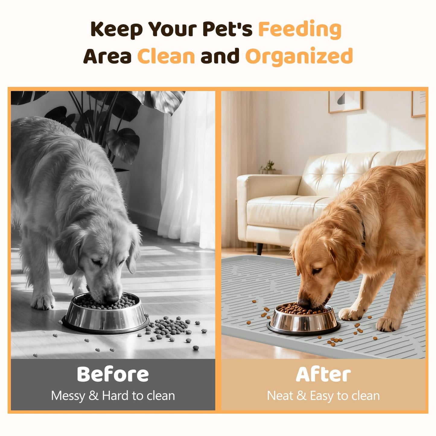 Bartuke Silicone Cat & Dog Food Mat, 24" x 24" Large Pet Feeding Mat for Cats and Dogs Bowl, Pet Placemat for Food and Water with Raised Edge, Waterproof, Leakproof (Grey)