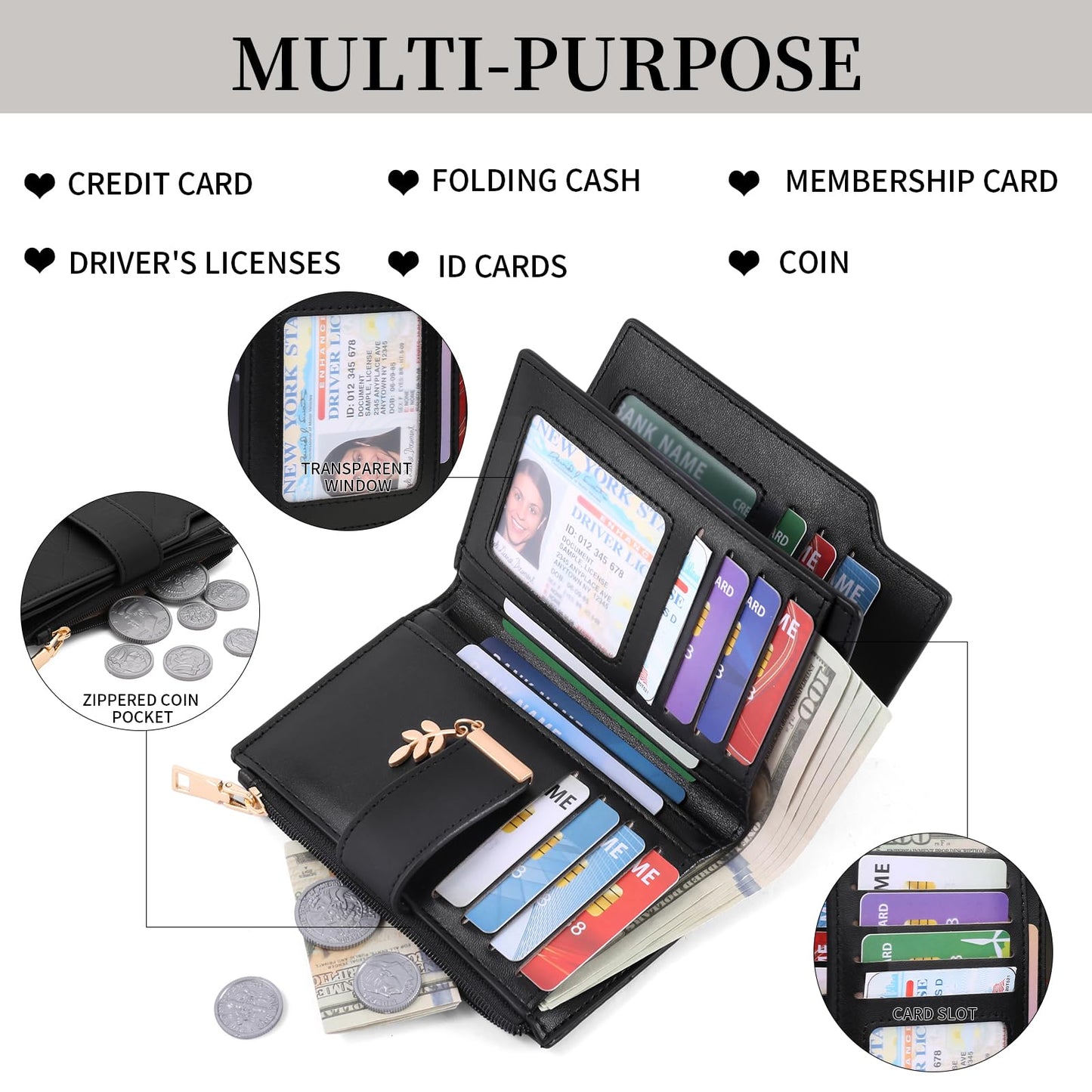 SENDEFN Wallets for Women Leather RFID Blocking Credit Card Case Holder Purse Zipper Pocket with ID Window