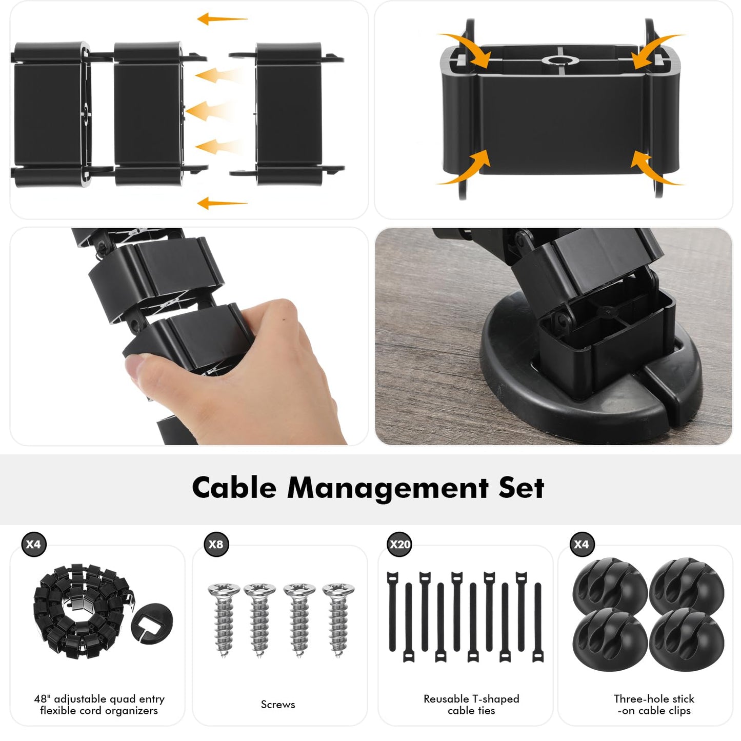 Yaomiao 4 Pack Under Desk Vertebrae Cable Management Kit Standing Desk 48'' Adjustable Quad Entry Flexible Cord Organizer with Ties, Stick-on Clips Cable Management Set for Home User Office Worker