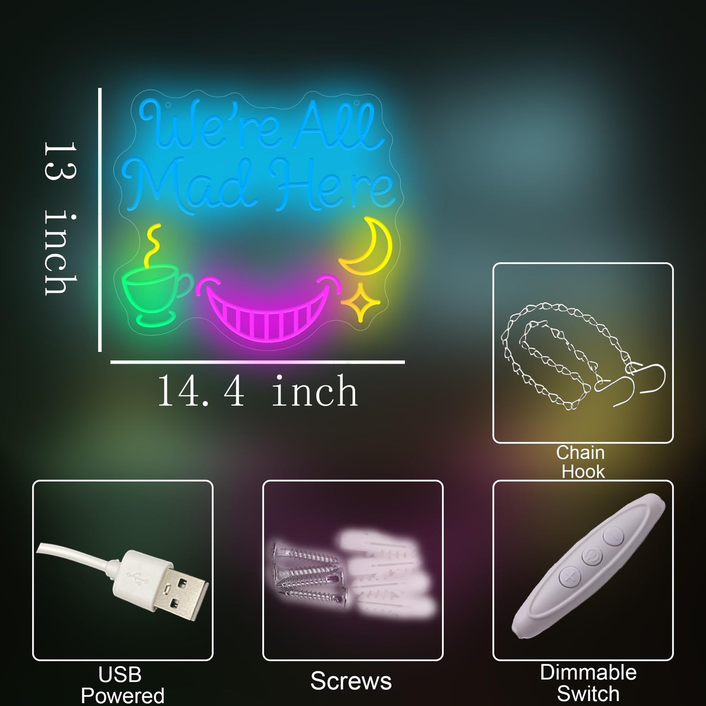 We're All Mad Here Neon Sign Neon Lights for Alice In Wonderland Party Decorations, USB Powered LED Light Up Signs for Bedroom, Bar,Gift for Birthday, Christmas