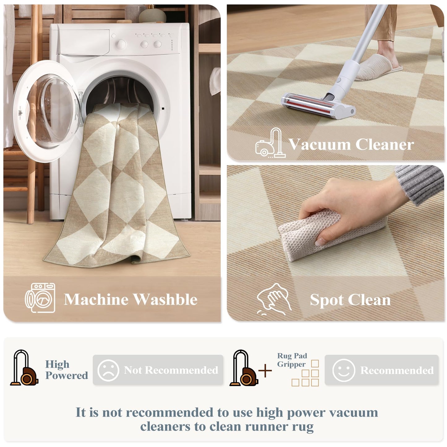 Beeiva Checkered Print Carpet Runners for Hallway 12ft, Beige Neutral Washable Long Hallway Runner Rug 2.5x12, Moroccan Gingham Diamond Carpet Ultra Thin Faux Wool Rug for Kitchen Decor