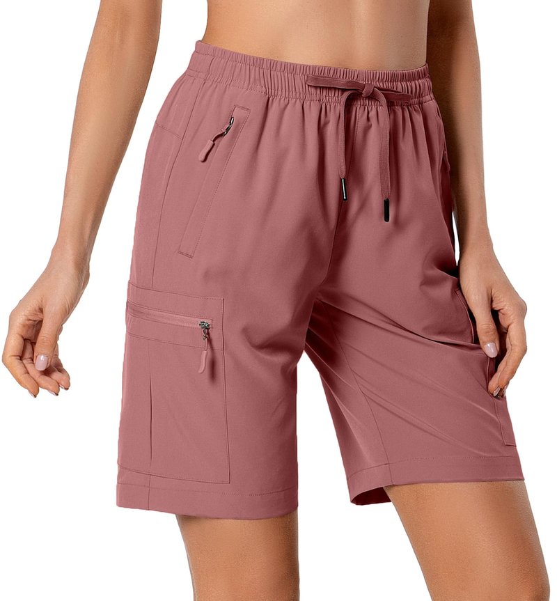Hugut Women's Lightweight Hiking Cargo Shorts Quick Dry Athletic Shorts for Camping Travel Golf with Zipper Pockets Water Resistant Dusty Pink