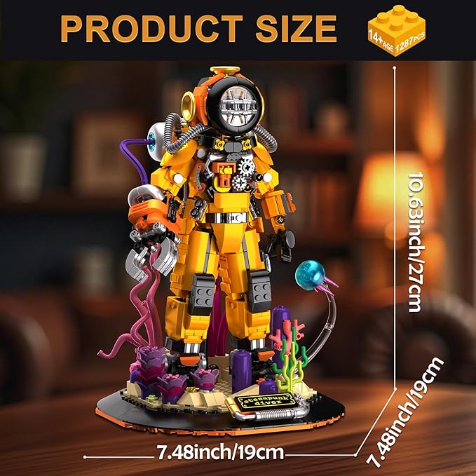 Steampunk Diver Building Set for Adults Deep Sea Diving Explorer Model Cool Diver Robot Collectible Display Model Creative Building Toy Gifts (1287 Pieces