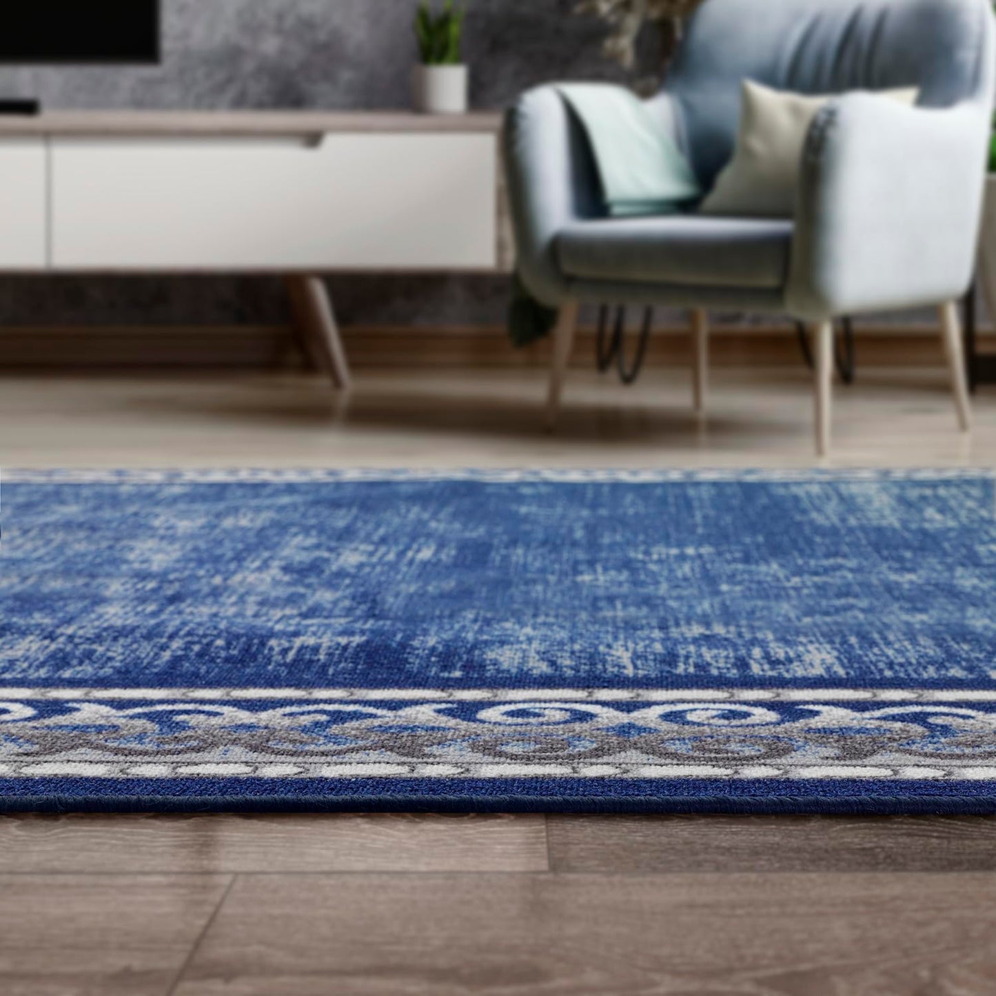 Antep Rugs Alfombras Bordered Modern 8x10 Non-Slip (Non-Skid) Low Pile Rubber Backing Indoor Area Rug (Navy, 7'10" x 10')