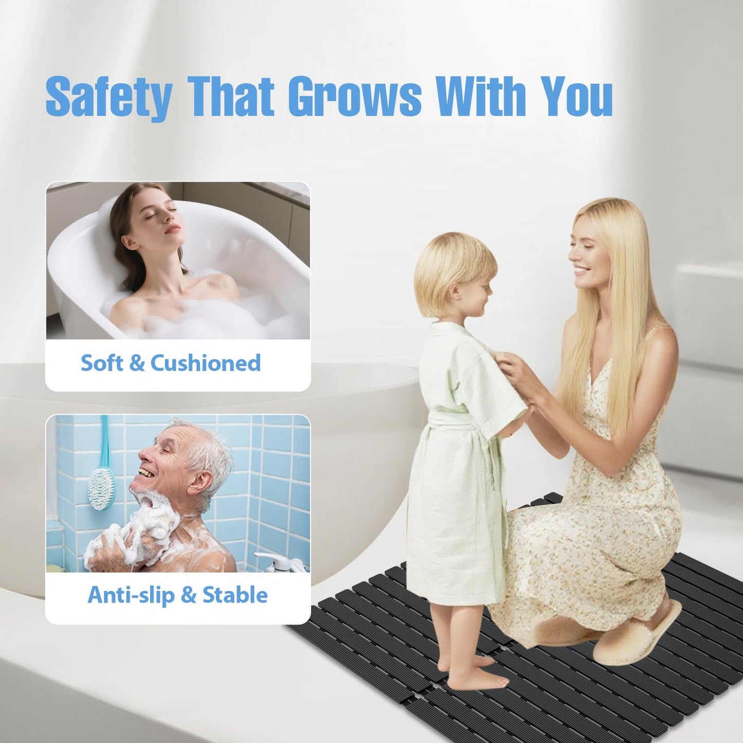 Shower Mat Non-Slip Bath Mat for Tub and Shower Stall,236 Suction Cups with Drain Holes, Quick Dry Machine Washable, Extra Grip for Stand Up Showers, Bathroom Essentials 24x24 Inch(Black)