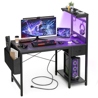 Grandder Gaming Desk 47 Inch with Power Outlet and LED Light, Computer Desk with Reversible Shelves and Storage Drawer, Pc Small Desk for Home Office Table with Bag, Carbon Fiber Black