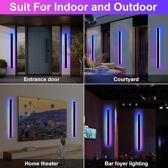 2 Pack Modern RGB Outdoor Wall Lights for Patio,48 inch Long Outdoor LED Wall Lights,Dimmable LED Long Linear Exterior Lighting,Outside Linear Wall Light for Front Door,Garage,Enterway