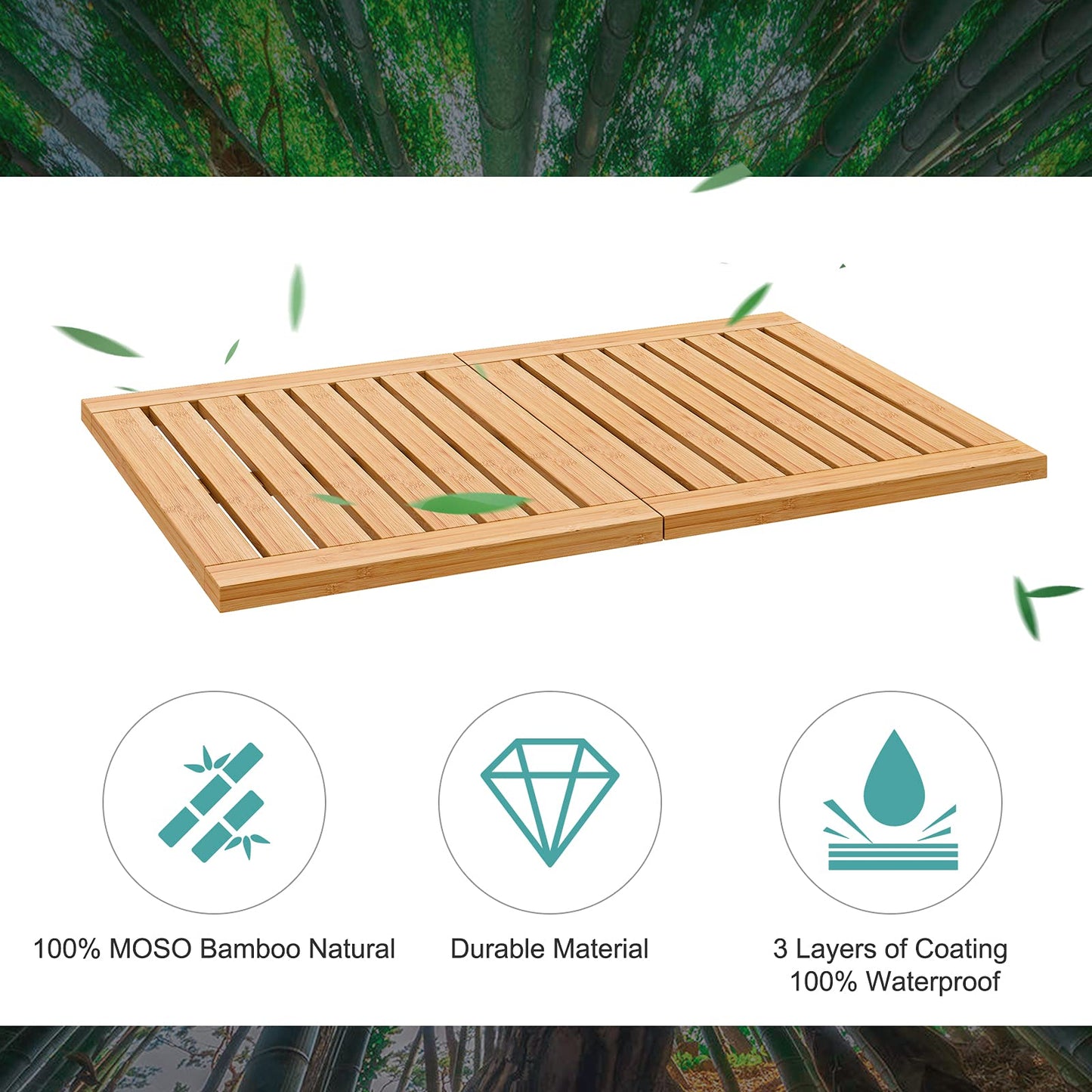 Waterproof Bamboo Bath Mat for Shower, Foldable | Non-Slip | Heavy Duty, Wooden Bath Mat, Floor Mat and Doormat for Indoor Outdoor, 23.4in x 15.6in