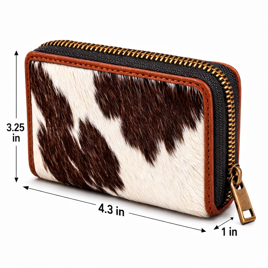 ESS Cowhide Leather Hair-On Wallet Women Small Zip Accordion Card Holder RFID Compact Organizer with Coin Pocket Secure Zipper Stylish Gift Pouch Minimal Everyday Carry