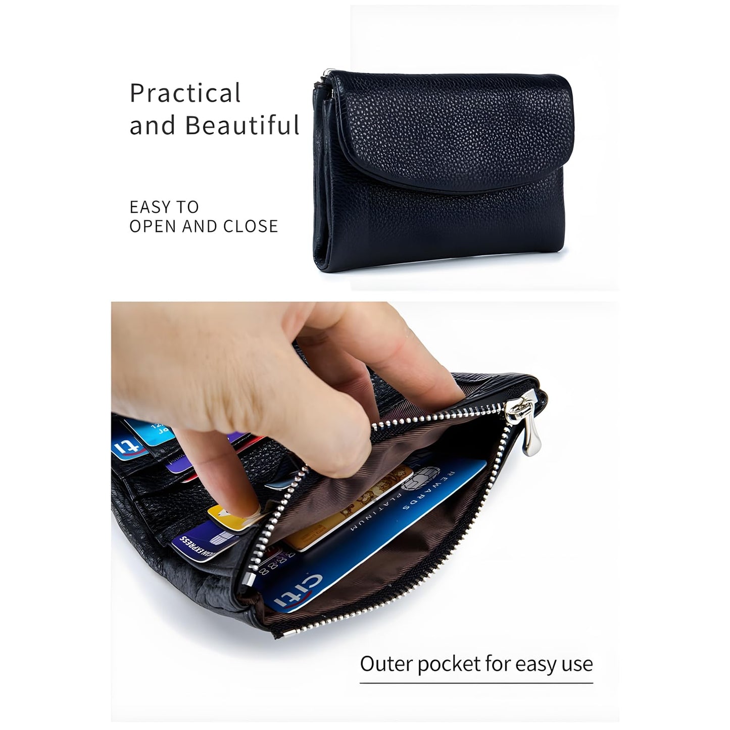 Unisex Pebble Leather Wallet, 5.3In Short Genuine Leather Coin Card Holder, Two zippered pockets, Unisex Clutch Bags, Can Hold Coins, Cards, Id Cards (Fink)