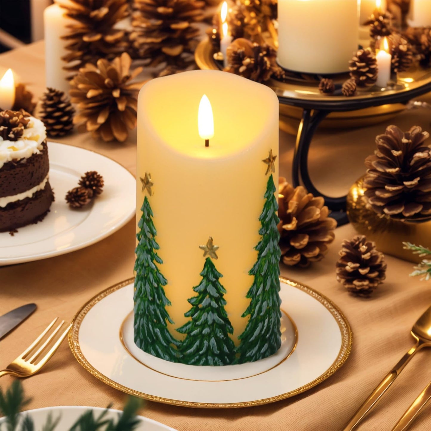 Eldnacele Christmas Flameless Candles with 6 Hour Timer Battery Operated Hand Painted Christmas Tree Real Wax 3D Wick Flickeirng LED Pillar Candle for Dinner Indoor Holiday Xmas Decor(2Pcs,D3×H5.7)