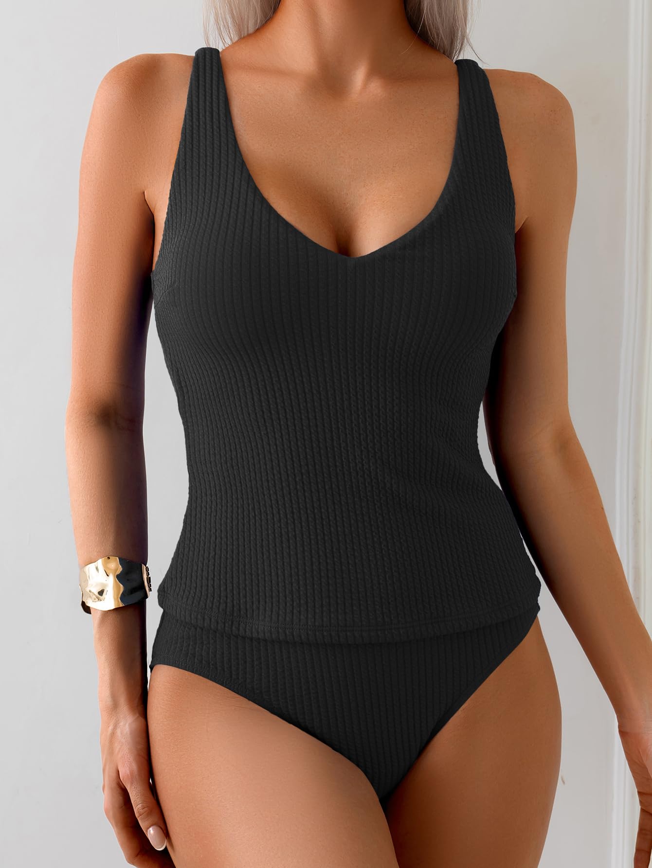 Eomenie Women's Tankini Swimsuits Ribbed Tummy Control Two Piece Bathing Suits Tie Back High Waisted Swimwear Black