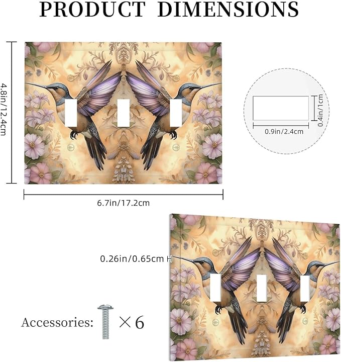 Decorative Art Light Switch Covers Blossom & Hummingbird 3 Gang Triple Toggle Wall Plate Decorative Switch plate Electrical Faceplate for Home Decor