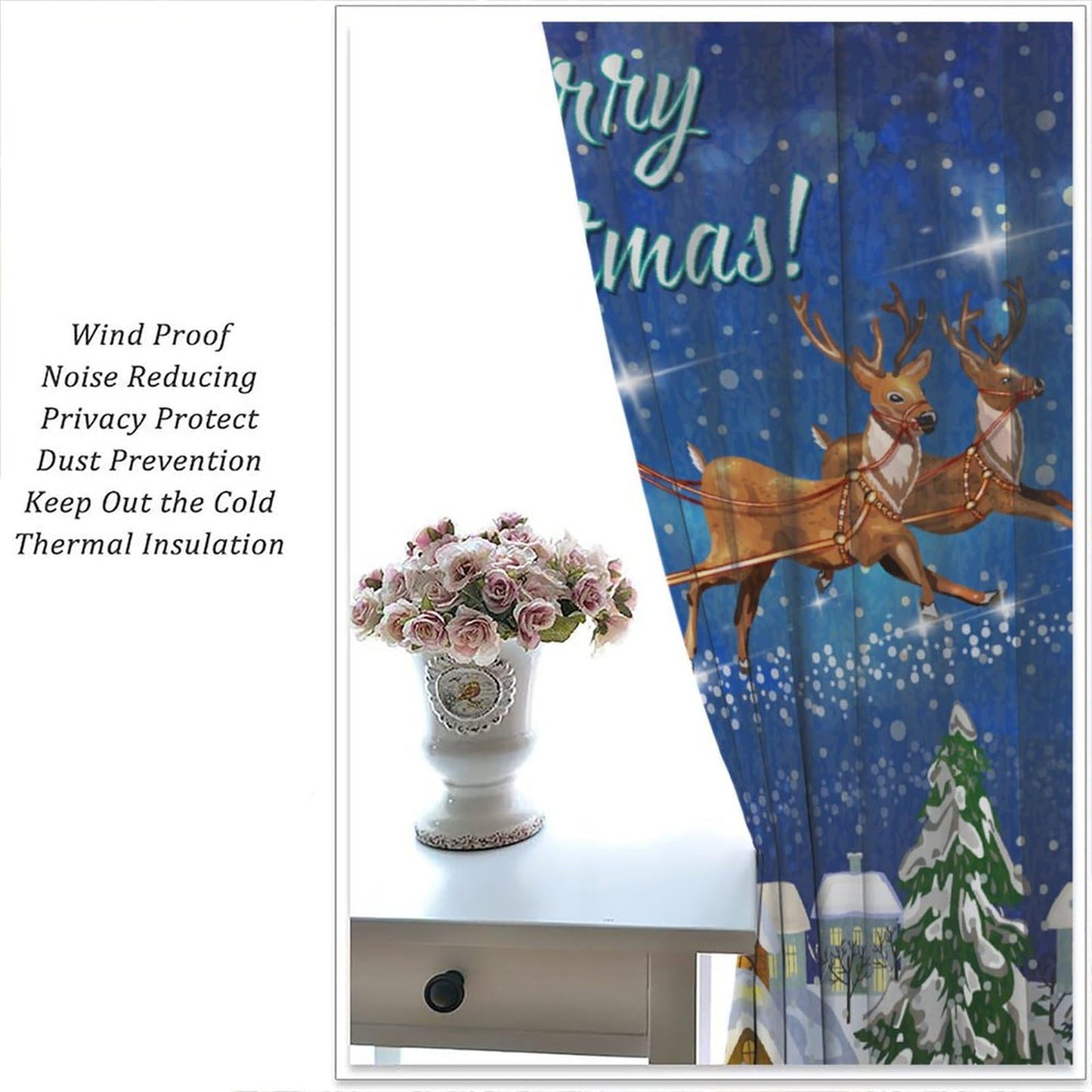 FengMingRui Christmas Curtains Santa Claus Sleigh Chimneys New Year Christmas Patterns Printed Window Treatment Bedroom Living Room Decoration Decor Window Drapes 42" W X 45" L