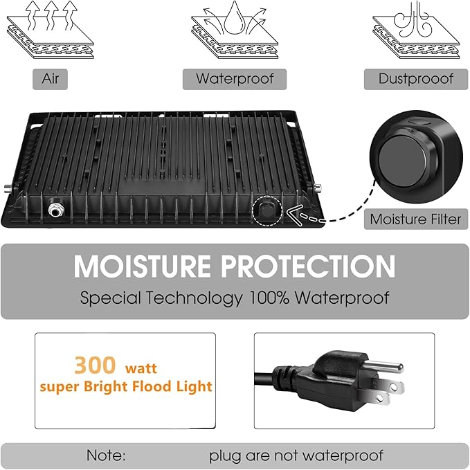 2 Pack 300W LED Flood Light Outdoor,2000W Equivalent 43500LM 5000K Daylight White Super Bright FloodLight with Plug,IP66 Waterproof Commercial Lighting for Sports Fields,Counts,Arena,Stadium