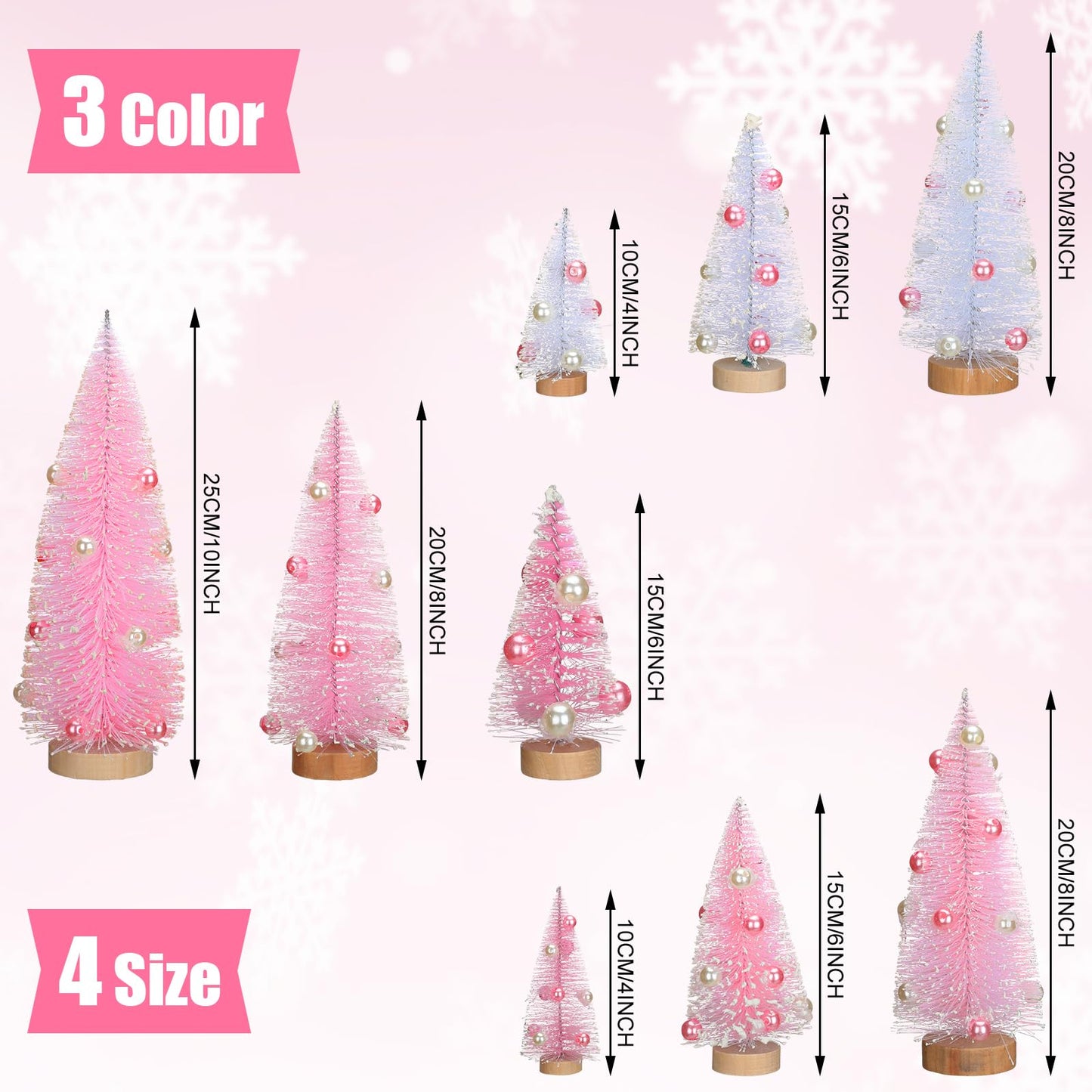 Leyndo 9 Pcs Pink Pearl Artificial Mini Christmas Tree Sisal Bottle Brush Trees with Wood Base Christmas Pine Trees for Autumn Winter Holiday Home Kitchen Party Decor