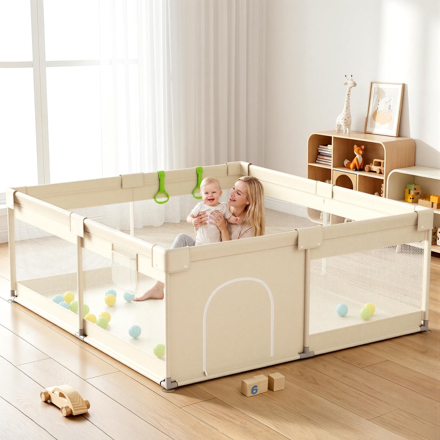 Uanlauo Beige Small Baby Playpen - 47x47in Playpen for Babies and Toddlers, Safe Indoor Play Pen, Baby Pen with Storage Bag and Breathable Mesh