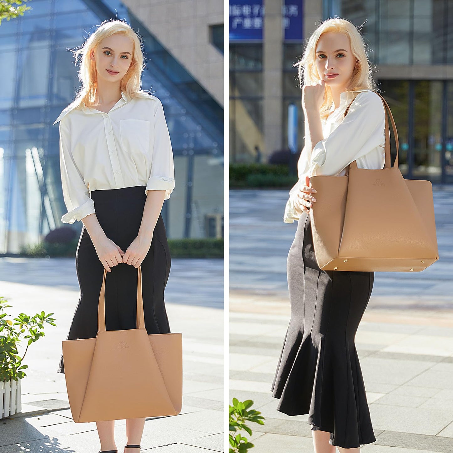 LOVEVOOK Laptop Tote for Women - 15.6 Inch Faux Leather Laptop Bag with Clutch, Large Capacity Office Purse Computer Briefcase for Casual Business Travel,Apricot