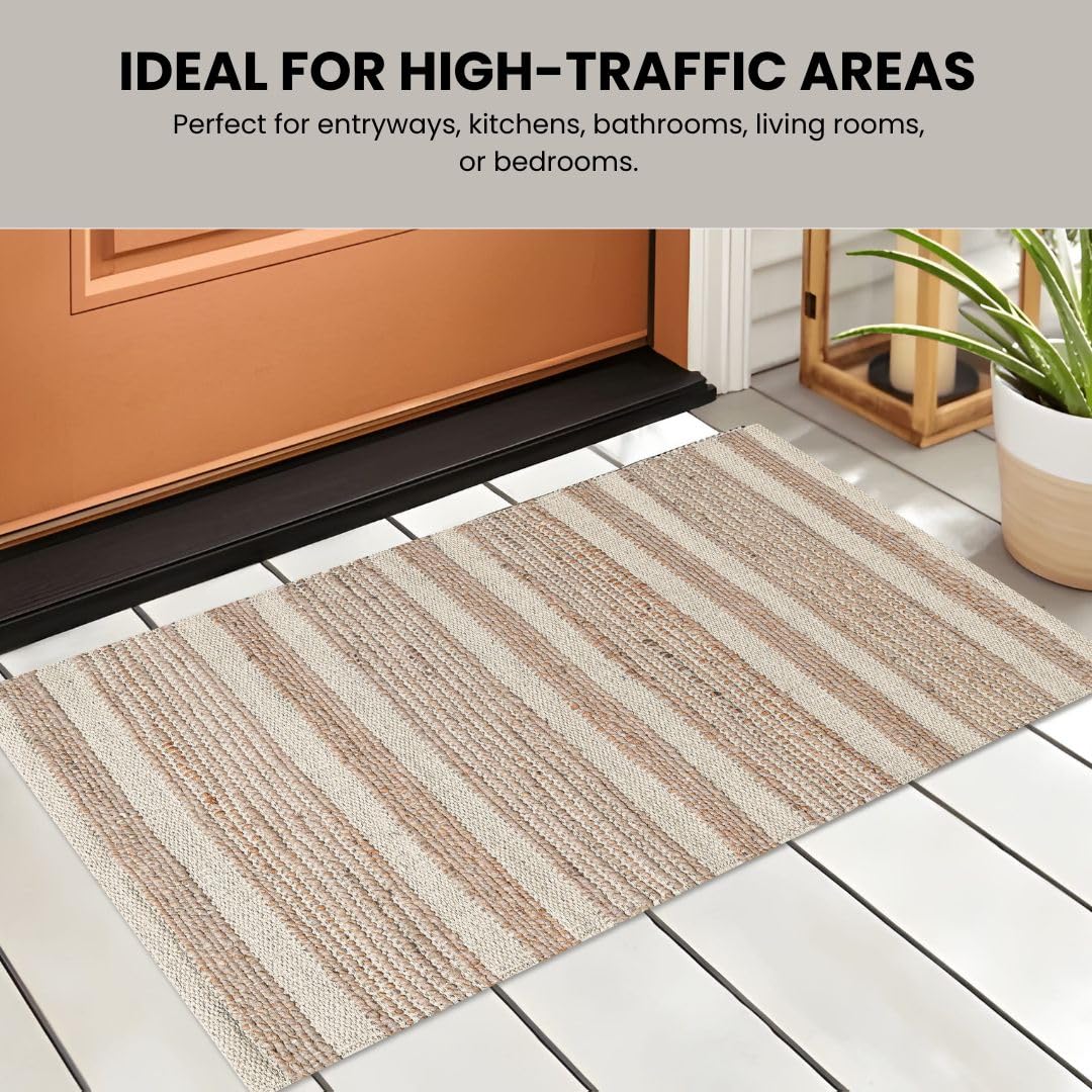 Threadvista Hand Woven Area Rug 2x3 Feet - Rustic Farmhouse Boho Accent Rug for Living Room Bedroom Kitchen Entryway Floor Mats Non Slip - Ideal for High Traffic Areas Jute Cotton Rug Natural