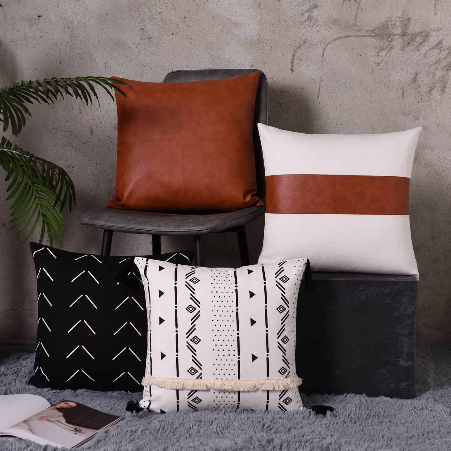 Tosewever Faux Leather Throw Pillow Covers, 18 x 18 inch Set of 2 Luxury Cognac Brown Modern Pillowcases Solid Decorative Square Cushion Cases for Bedroom Living Room Couch Bed Sofa (Brown, 18" x 18")