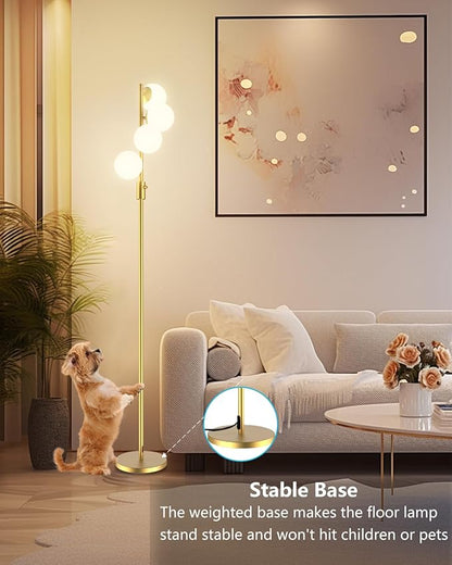 Lightdot 64IN Dimmable (Brightness Adjustable) Globe Floor Lamp, Gold Standing Lamps with 4PCS 3000K G9 Bulbs Soft Warm White Eye Care, Mid Century Modern Floor Lamp for Living Room
