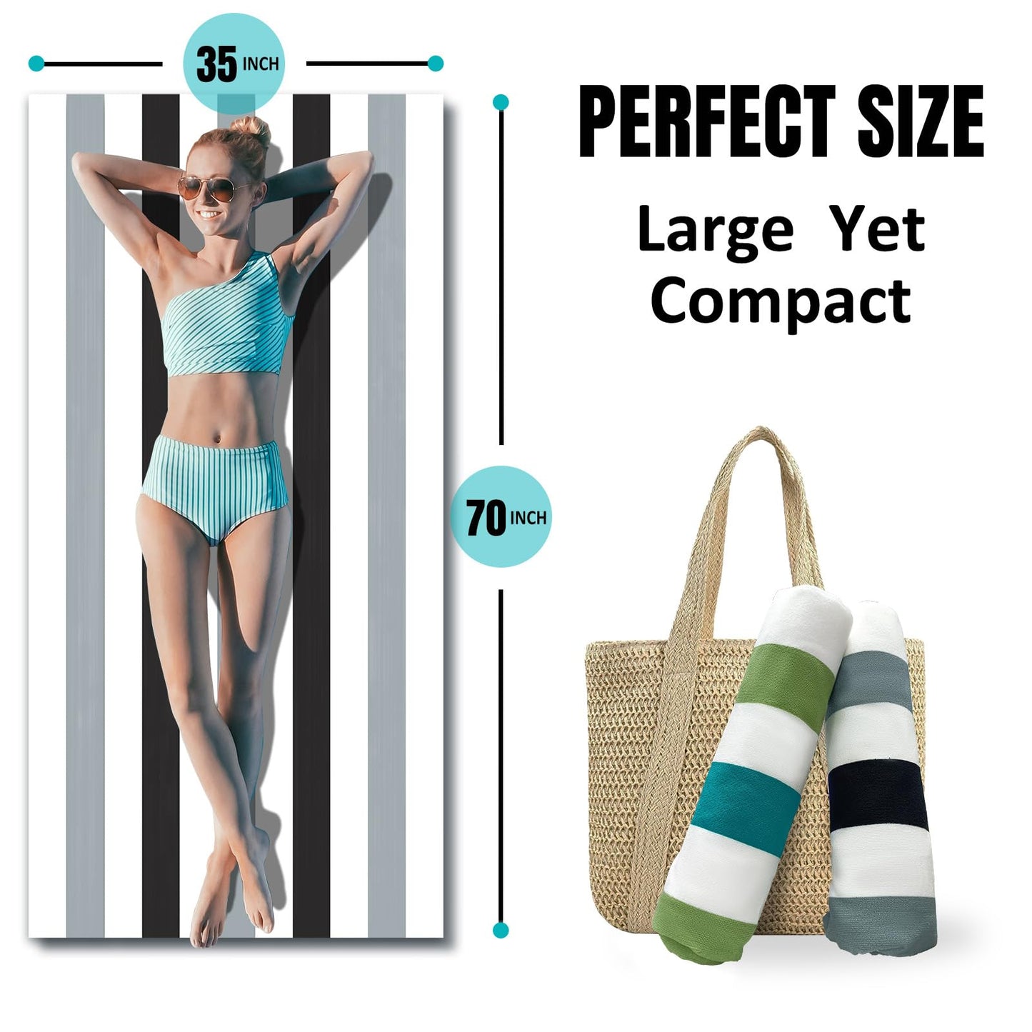 cabanana Large Oversized Beach Towel - Microfiber Sand Free 35 x 70 Inch Quick Dry Lightweight Pool Towel for Adults, Thin Striped Swim Towel (Black)