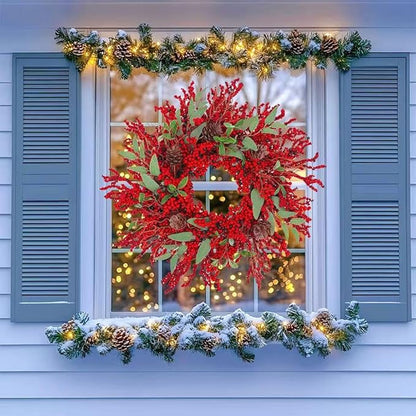 20 inch red Berry Christmas Wreath for Front Door，Used for Wall, Window, Porch, Farmhouse, Indoor and Outdoor Home Decoration