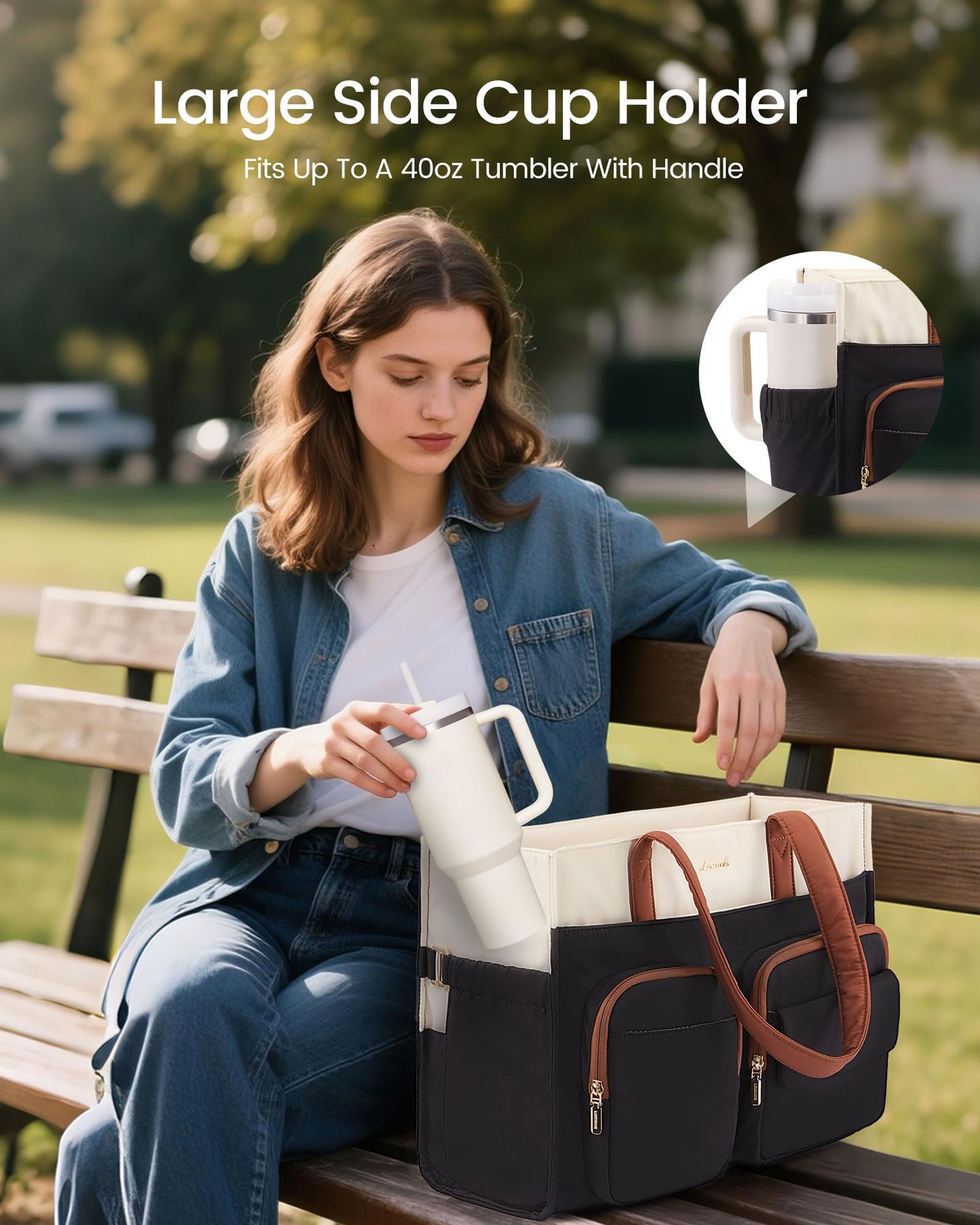 LOVEVOOK Teacher Tote Bag for Women, Multi-pocket Laptop Bag with Large Cup Holder, Nurse Bags Work Briefcase Computer Purse Handbag for Business Office College Travel