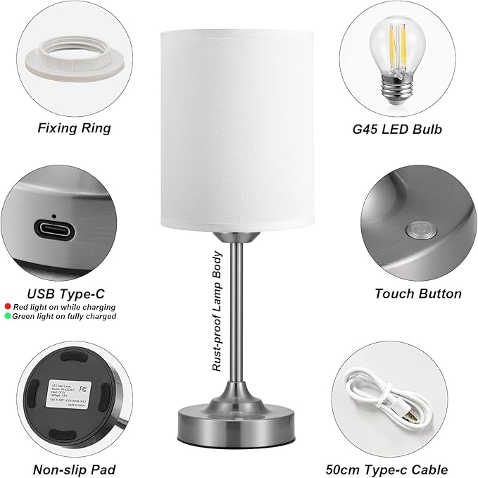 Touch Control Cordlss Table Lamp, USB-C Rechargeable Lamp with Stepless Dimming, 4000mAh Battery Operated Bedside Lamp for Bedroom, Living Room, Night Light & Emergency Lighting, Silver, 2 Pack