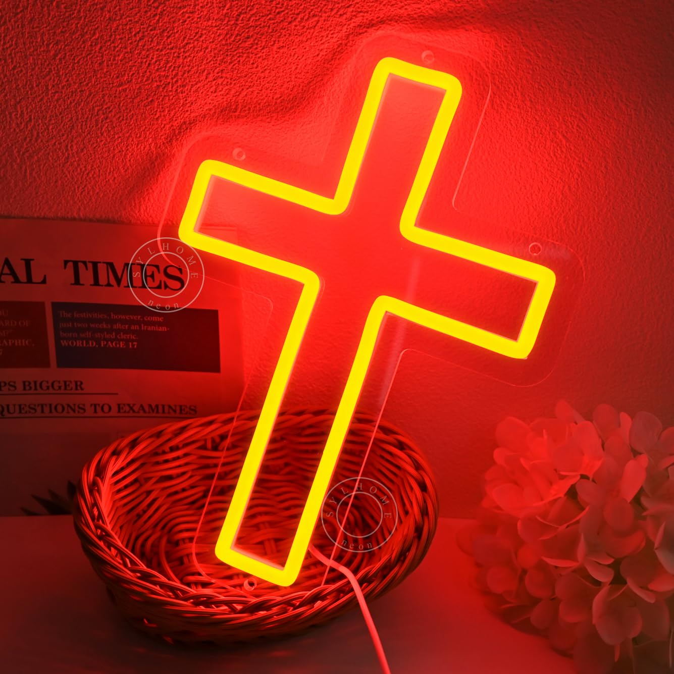 SYLHOME Cross Led Neon Light Sign Kids Bedroom Nursery Wall Sign Decor Christening Baby Shower Wedding Birthday Christmas Party Backdrop 11.8" X 8.66" USB Red