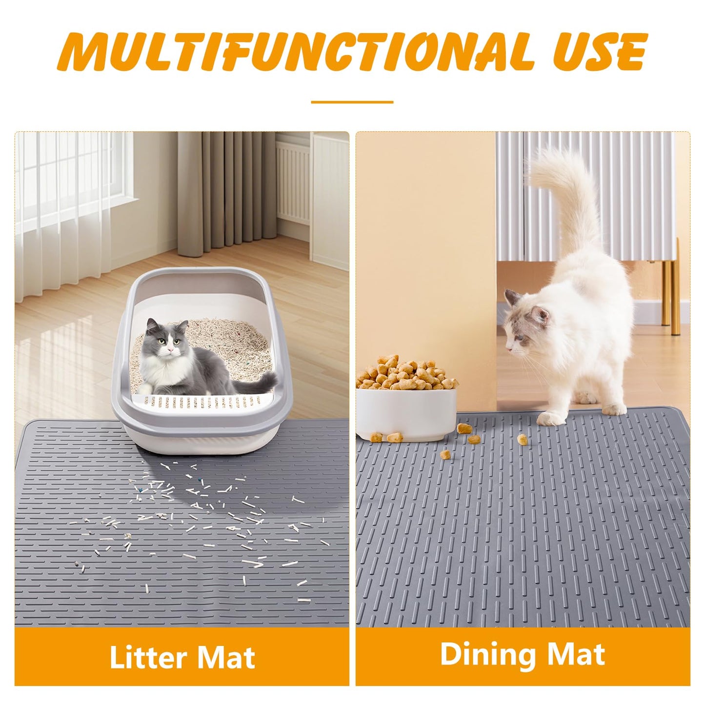 Silicone Cat Litter Mat, 28x20 in Waterproof Litter Box Mat Cats Feeding Mats with Raised Edges, Quick Clean Desig (Grey)