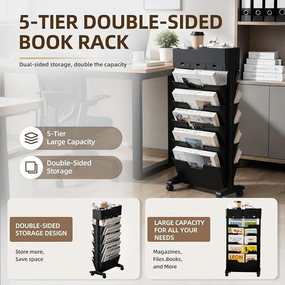 5 Tier Rolling Utility Cart Multi-Functional Movable Storage Book Shelves with Lockable Casters for Study Office Kitchen Classroom, White (Black, with Wheel)