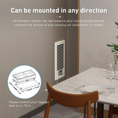 PowerScale 4" x 10" Smart Vent Air Booster Register Fan with Humidity Temeperature Sensor Register Fan with LCD Display Touchscreen Ceiling Register Booster for Efficient HVAC Air Boosting