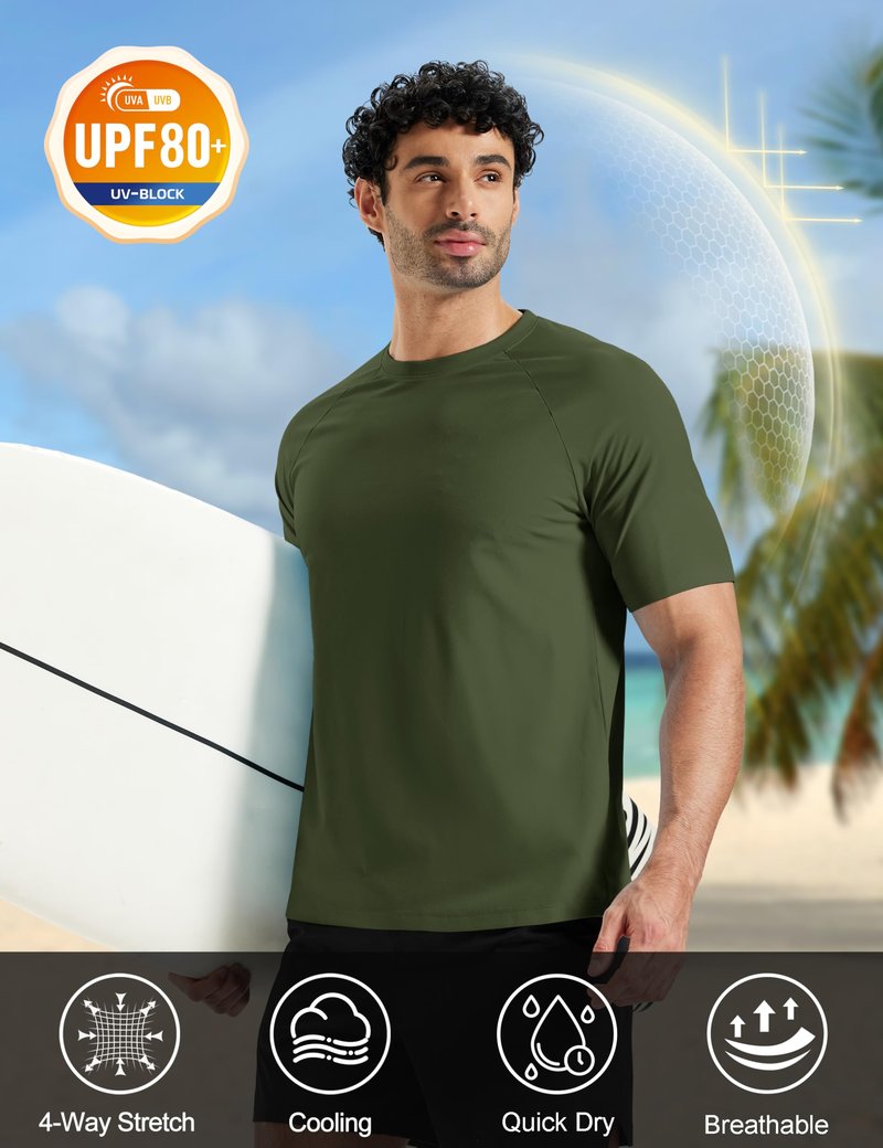 MAGCOMSEN Mens Short Sleeve Dry Fit T-Shirts UPF 80+ Athletic Moisture Wicking Lightweight Workout Running Swim Shirts Army Green L