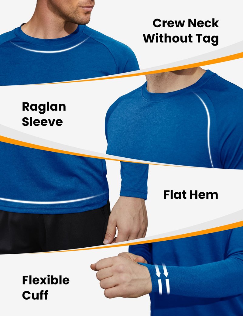 7 Pack Long Sleeve Shirts for Men - Quick Dry Moisture Wicking UPF 50+ Sun Protection T-Shirts for Workout Fishing Casual，Black*3/Dark Grey*2/Blue*2，Large