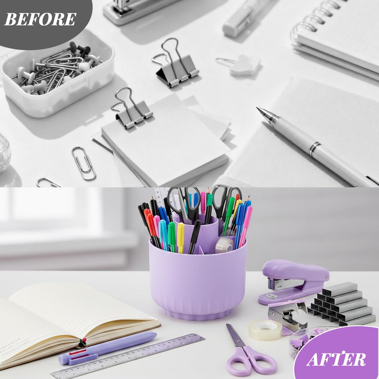 Smloplom Purple Desk Accessories, 11Pcs Desk Organizer with 360°Rotating Pen Holder, Stapler, Staples, Staple Remover, Pen, Ruler, Tape Dispenser, Tape, Clips, Scissor, Notes, Office Supplies