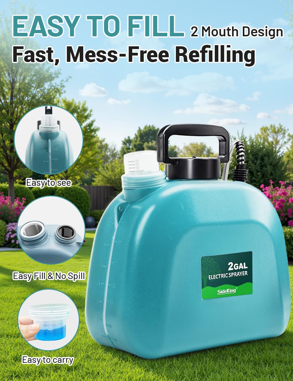 SideKing 2 Gallon Battery Powered Garden Sprayer, Powful Electric Backpack Sprayer, Water Pump Sprayers for Weed, Lawn, Yard, Pesticide, Plant, Fertilizer, Plant, Herbicide, Watering, Cleaning