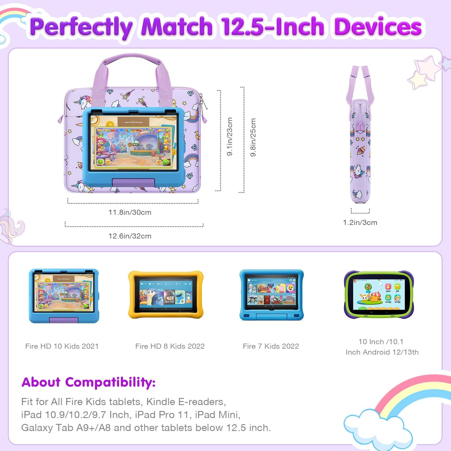 MoKo 10-12.5 Inch Kids Tablet Sleeve Carrying Case for Fire HD 10 13th/11th Gen, Fire HD 8/7 Kids 2022, Tablet Bag with Shoulder Strap for 10/10.1 Inch Android 12/13, Rainbow & Unicorn (Lilac)