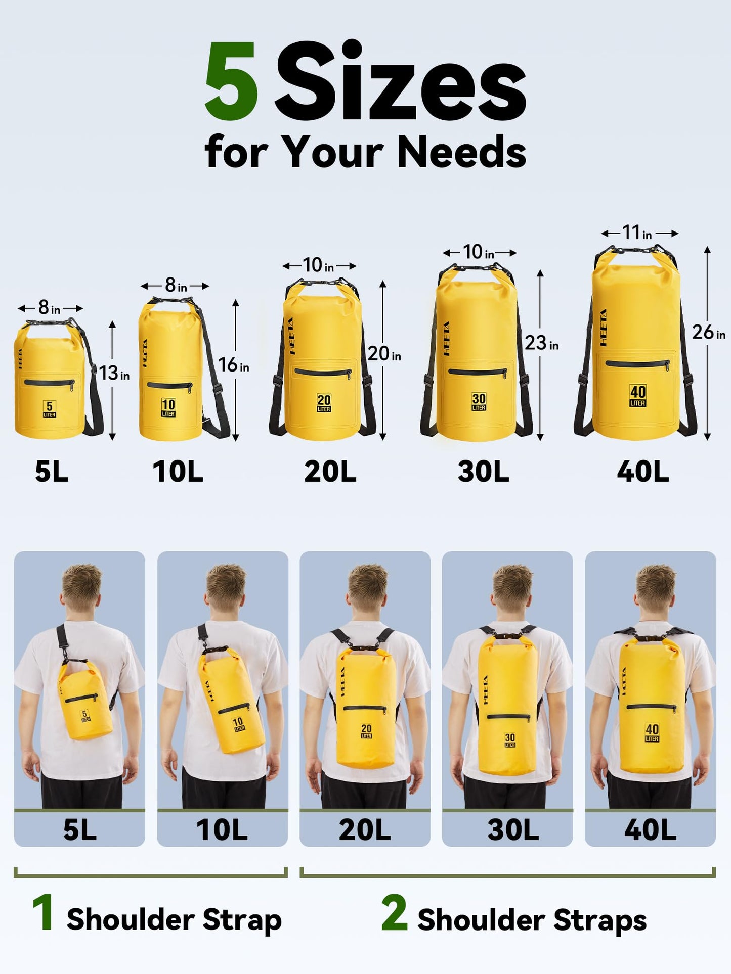 HEETA Waterproof Dry Bag with Front Zippered Pocket for Women Men, Roll Top Lightweight Dry Storage Bag Backpack for Travel, Kayaking, Boating, Rafting, Camping, Hiking & Beach (Yellow, 5L)