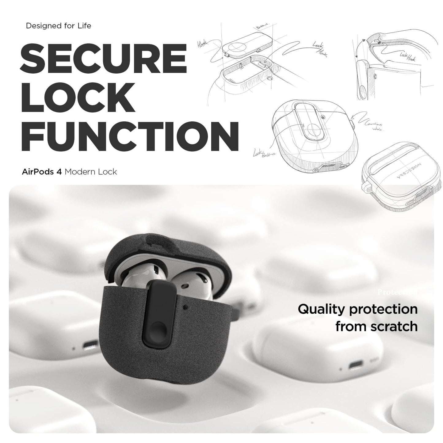VRS DESIGN Modern Lock Case for Apple Airpods 4th Generation (2024), Rugged Protection with Secure Lock for Airpods 4 Case (Sandstone) [US Patent Registered]